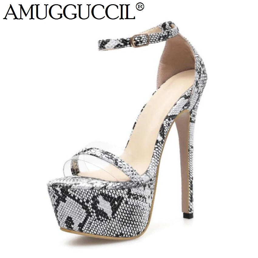 Женские летние сандалии на высоком каблуке черные с пряжкой в виде змеи большие