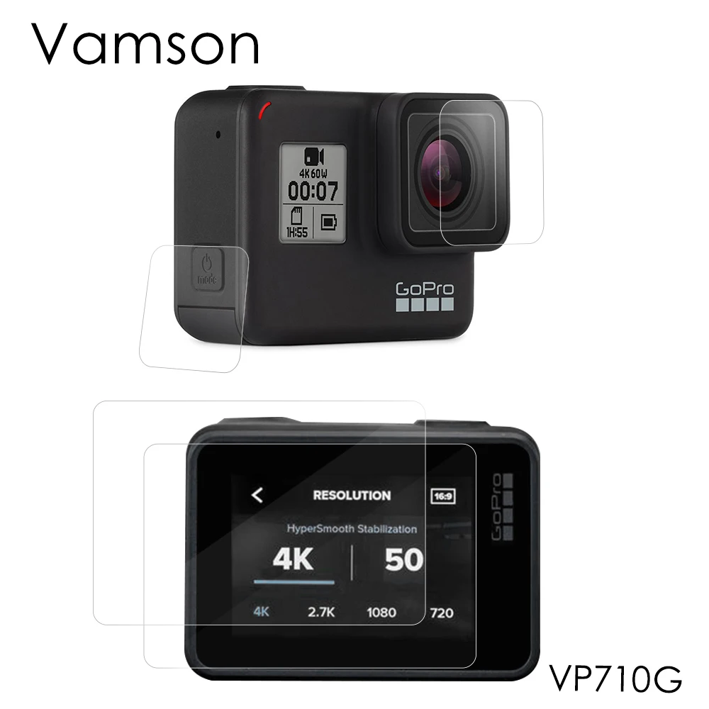 Черная крышка для объектива Vamson Go Pro Hero 7 6 5 Защитная пленка ЖК экрана Закаленное