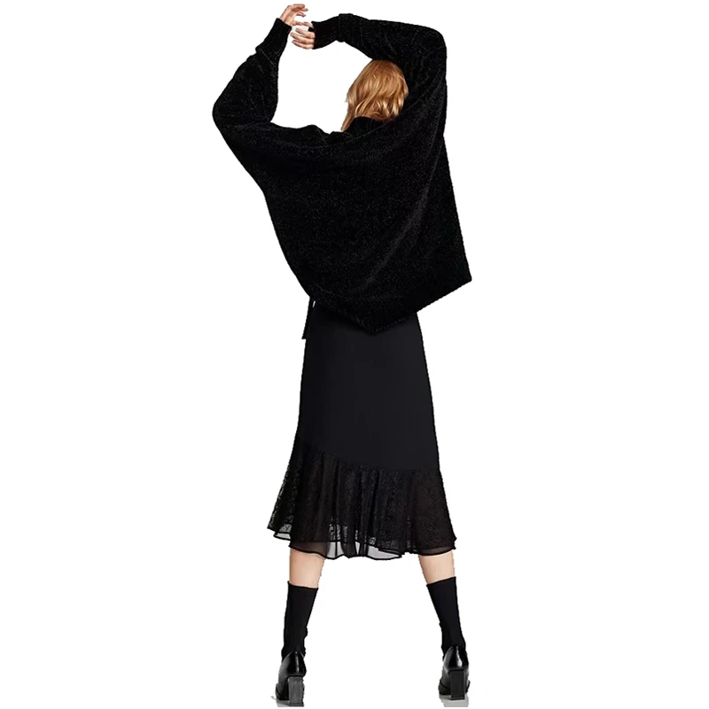 NYMPH Черная кружевная юбка из ткани шамбре с оборками повседневная высокой талией