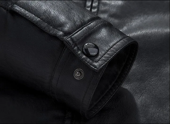 Мужская кожаная куртка на меху длинная с капюшоном из искусственной кожи черного