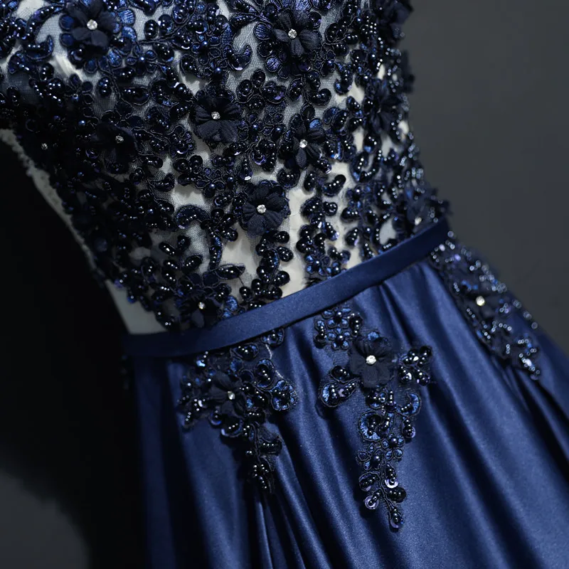 Robe De Soiree 2020 Navy Blue Evening Dresses Sheer Scoop Neck Beaded Pearls Women Formal Gowns Special Occasion Dress | Свадьбы и