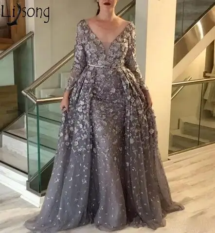 Серый Одежда высшего качества Grey Длинные платья выпускного вечера Overskirts Кружева Тюль 3D аппликация праздничная одежда V-образным вырезом одежда с длинным рукавом; вечернее платье - Цвет: Серый