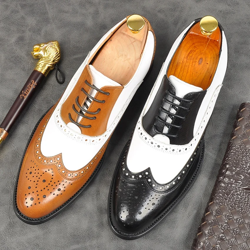 

Vintage Genuine Leather Formal Dress Banquet Wingtip Brogues Shoes Round Toe Men's Mixed Colors Wedding Oxfords For Male AM205