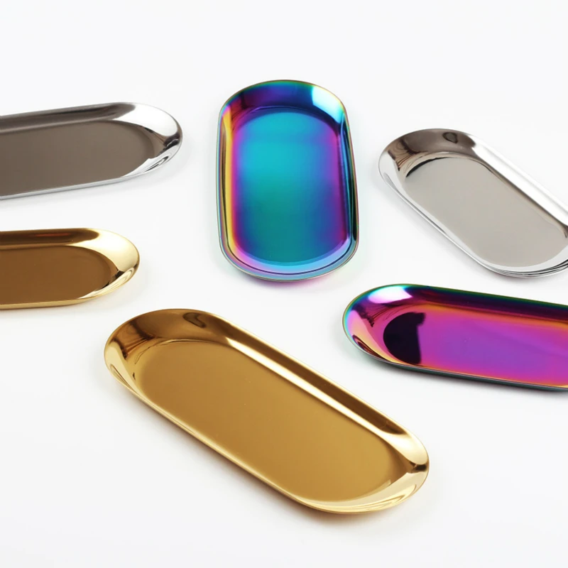

Metal Storage Tray Gold Silver Oval Dessert Fruit Plate Small Items Jewelry Display Tray Decoration Snack Plates