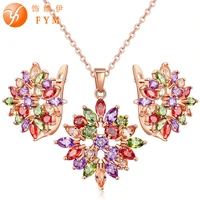fym brand luxury rose gold color jewelry sets for women wedding with colorful aaa cubic zircon necklace hoop earring