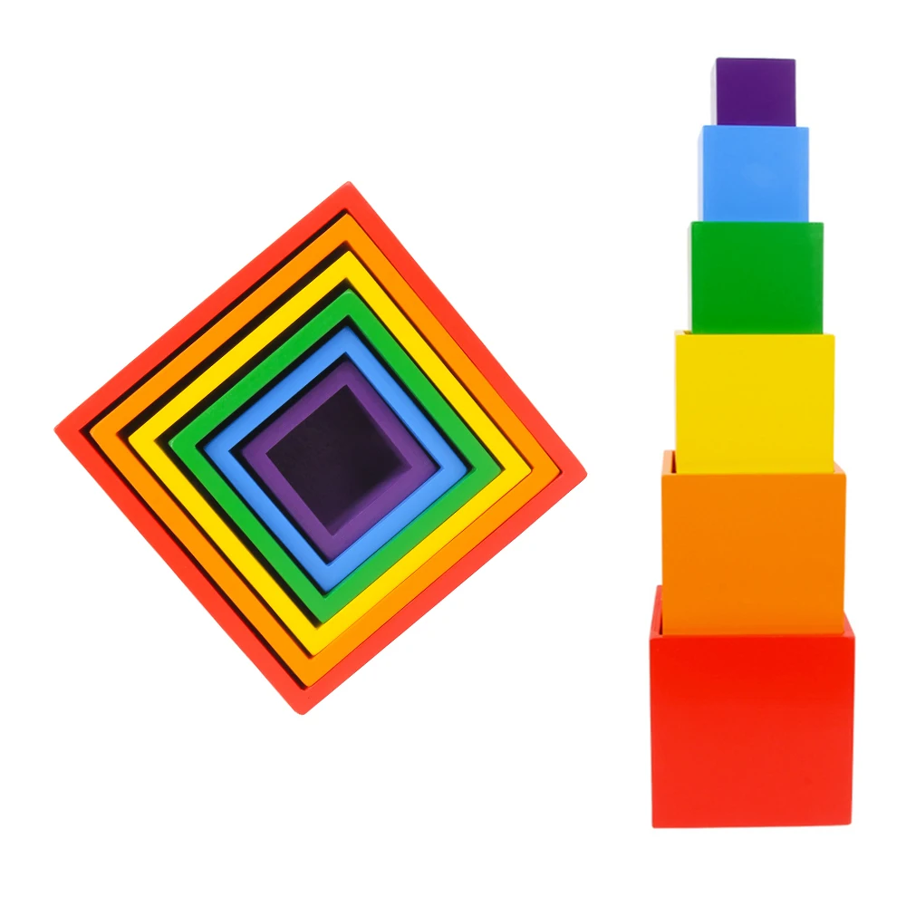 6 Colors Rainbow Building Blocks Colorful DIY Cube Children Square Box Wooden Toys Baby Stacking Educational | Игрушки и хобби