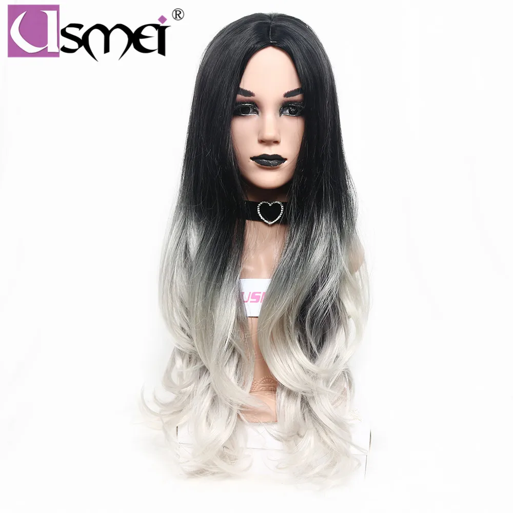 

USMEI wavy wig for black women two tones color hair long synthetic wigs heat resistant fiber hair no bangs wig cosplay party