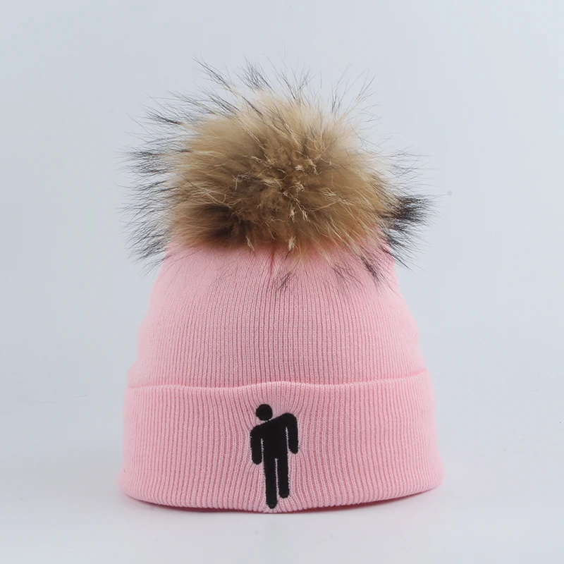 Новая мода Billie Eilish Beanie Hat Женская Мужская зимняя шапка настоящая шапка с меховым помпоном Harajuku Хип-хоп Skullies Beanies