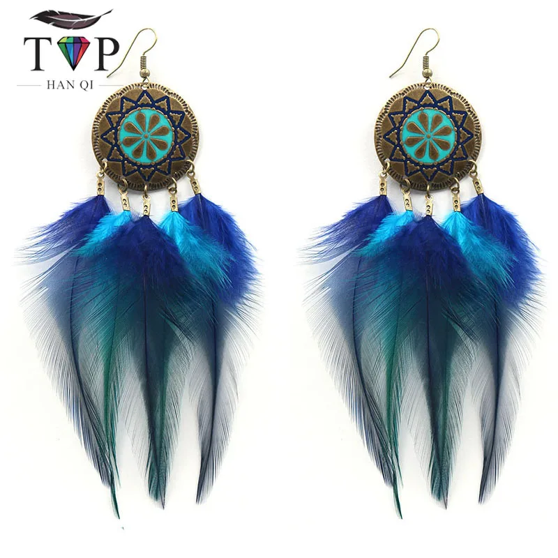 Boho серьги длинные висячие из перьев классный подарок Винтаж ручной работы