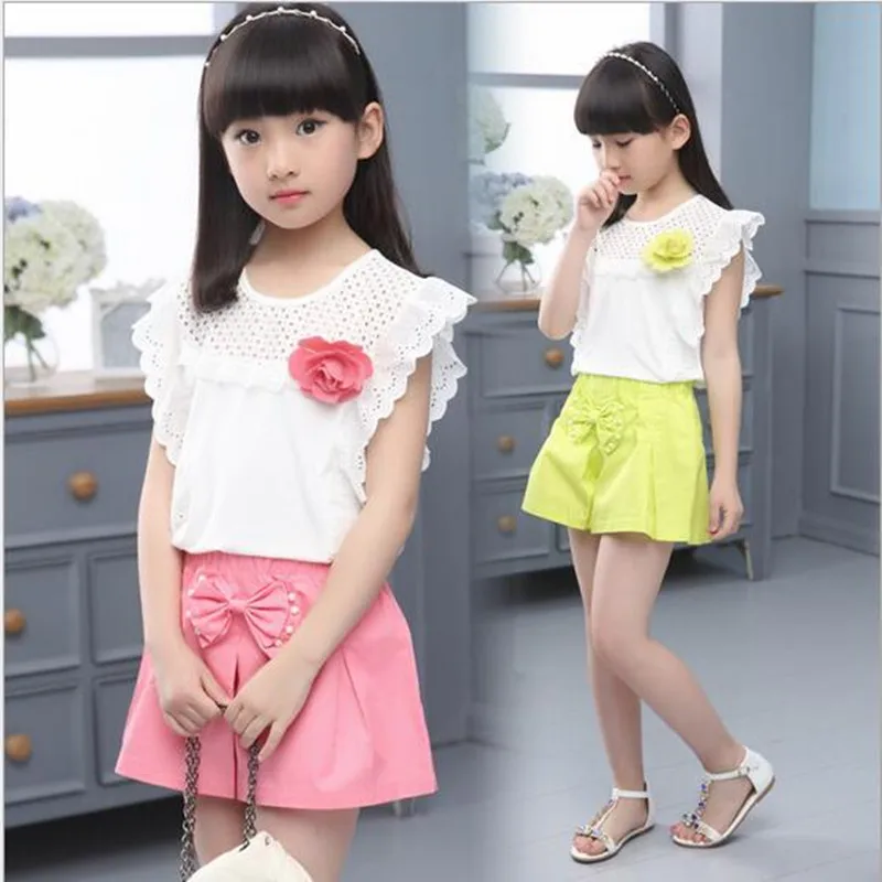 2018 брендовый летний комплект одежды с цветочным принтом для девочек топ