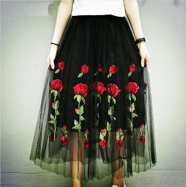 Женская винтажная юбка пачка с цветочной вышивкой элегантная длинная из тюля