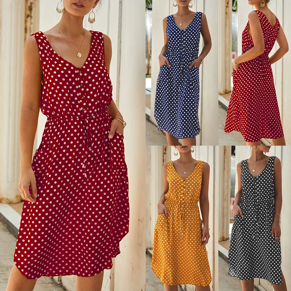 Женское платье-миди в горошек Boho повседневное Стильное вечернее платье без