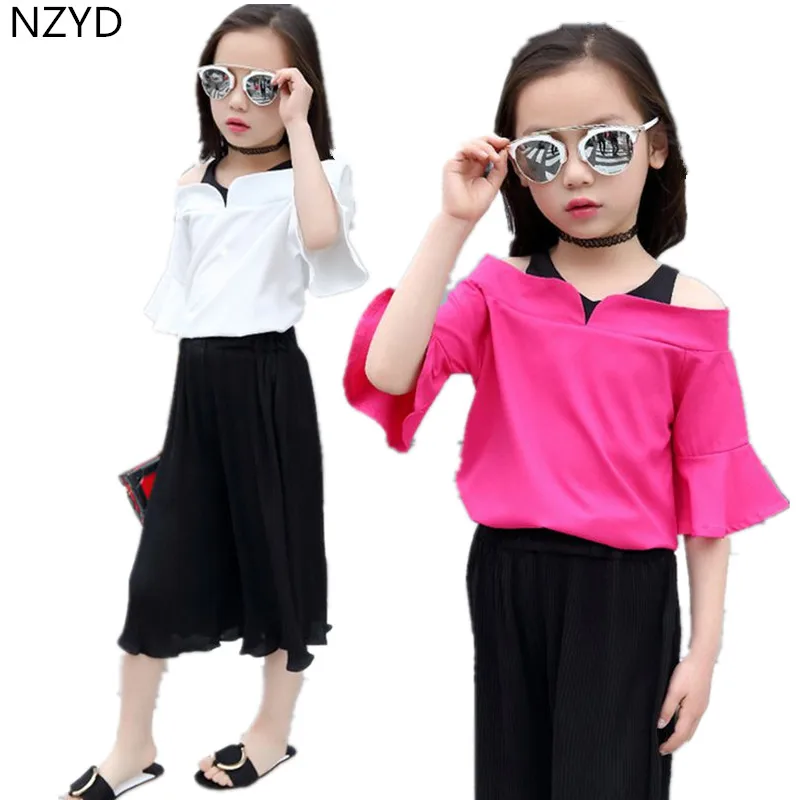 2017 детская одежда девушки летом новый костюм a слово плечо топы + широкие Брюки