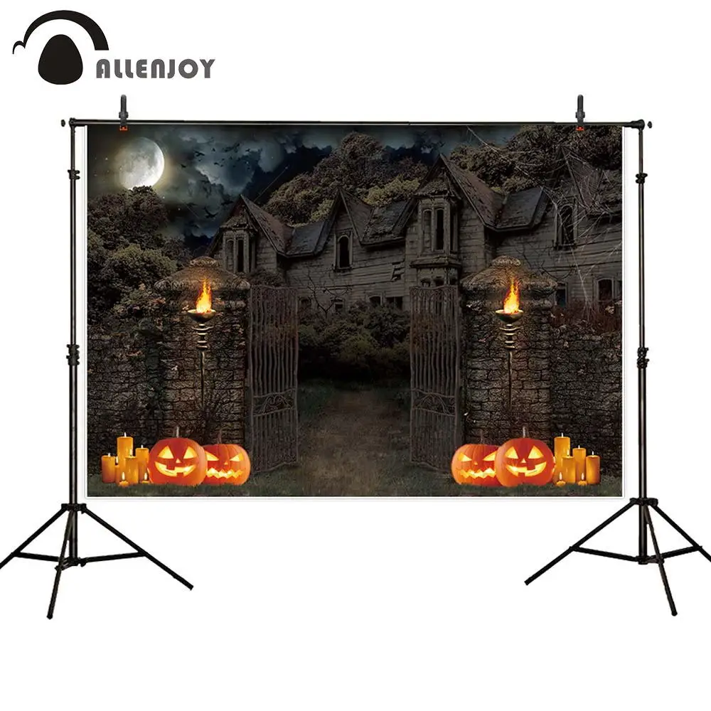 Allenjoy photography backgrounds mysterious fire villa mountains forests pumpkin lanterns Halloween theme backdrop photo studio |