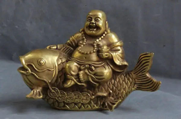 Free Shipping  18cm China Brass Yuan Bao Wealth Happy Laugh Maitreya Buddha Ride Fish Statue