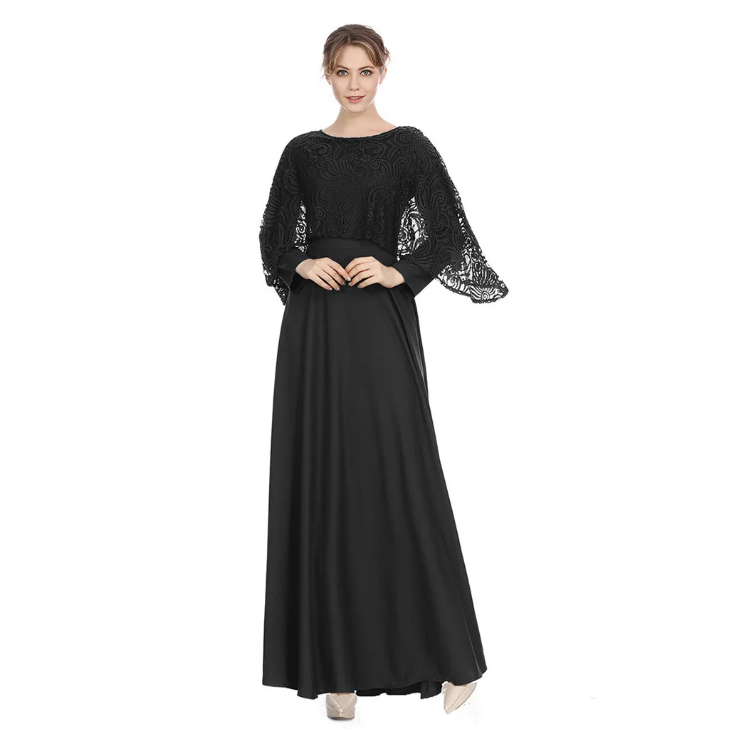 Женское длинное платье с круглым вырезом длинным рукавом и вырезом|Женские