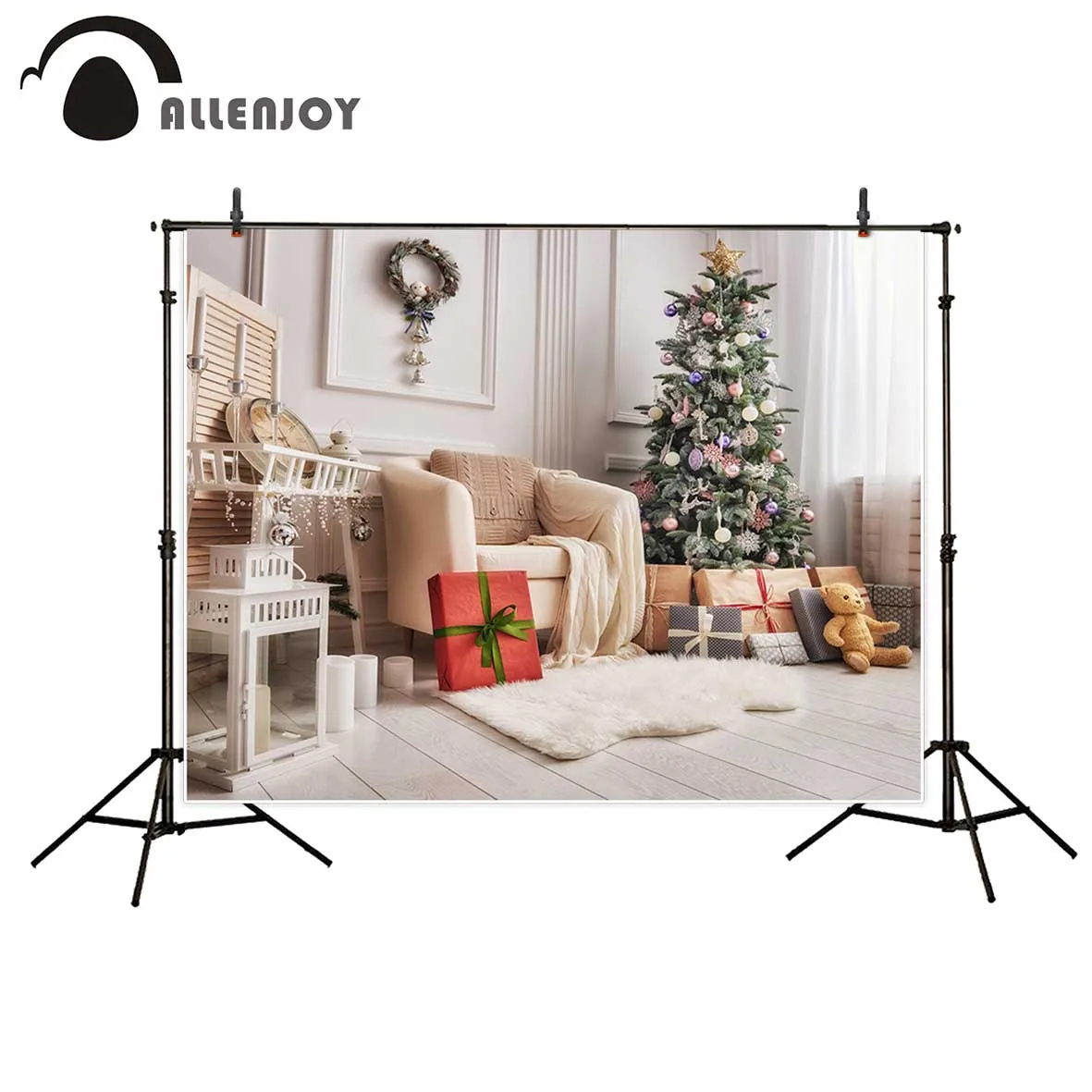 

Фон для фотосъемки Allenjoy с изображением рождественской елки подарков дивана деревянного пола Виниловый фон для фотосъемки на заказ