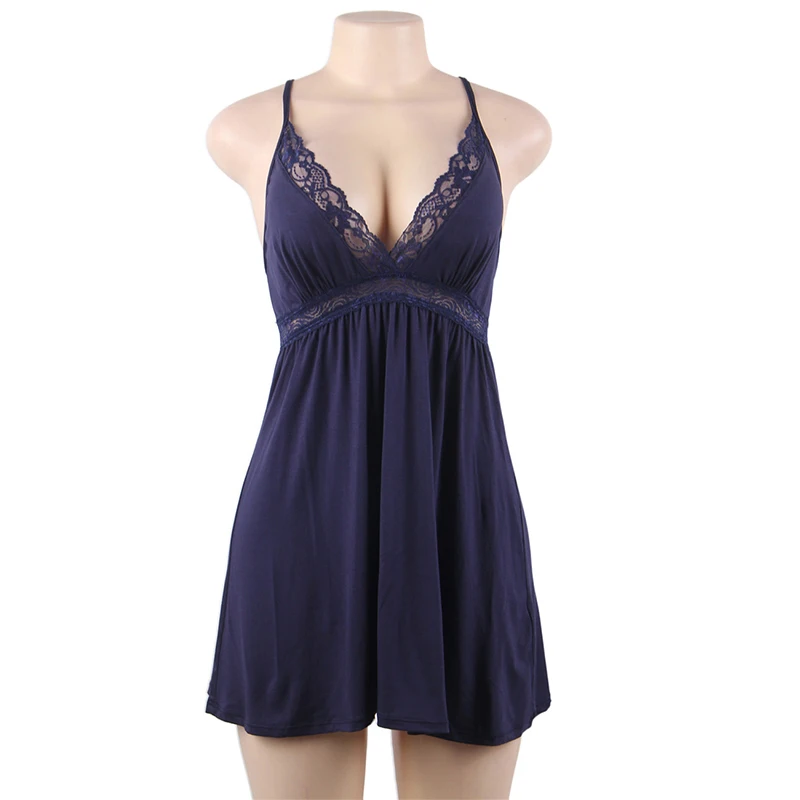 navy blue Sleepwear Женская ночная рубашка с кружевной лямкой на шее, хлопковая сексуальная пижама высокого качества, M 3XL 5XL, ночная рубашка с высокой талией для женщин RS80732 - Цвет: navy blue Sleepwear
