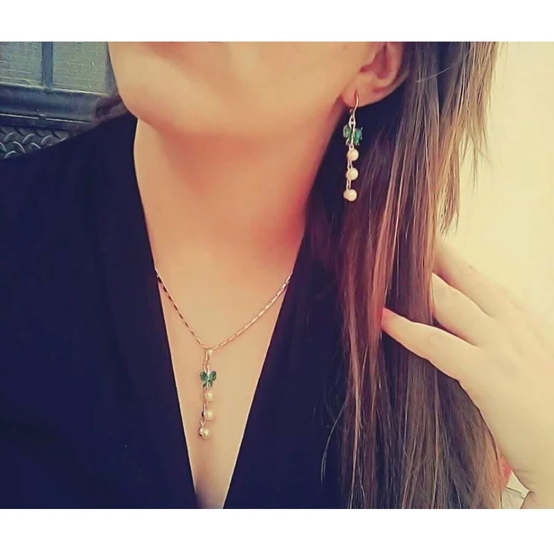 U7 Золотой/Серебряный Цвет Синтетический Жемчуг Ожерелье Серьги С зеленом Камнем