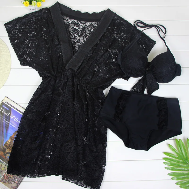 Черный прозрачный кружевной Цветочный купальник бикини 2018 новый сексуальный пуш