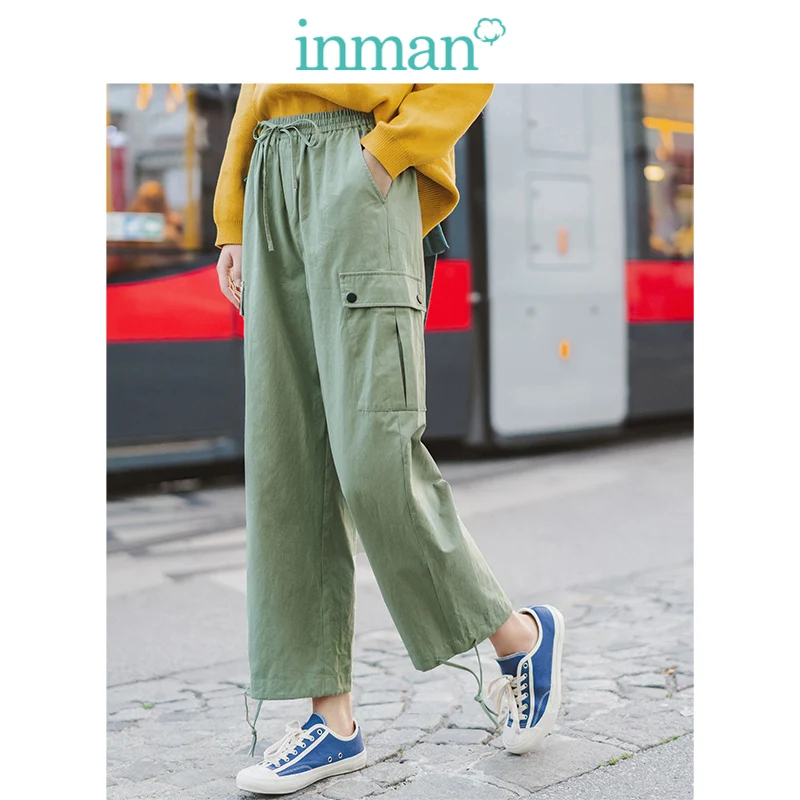 

INMAN Spring Autumn Lady Causal Cropped Trousers 100% Cotton Solid Elastic Waist Pocket Fashion Cool Women Cargo Pants