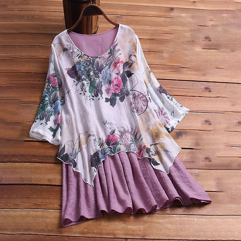 Плюс размер дамы свободное платье Летнее Цветочный Асимметричный двухслойный