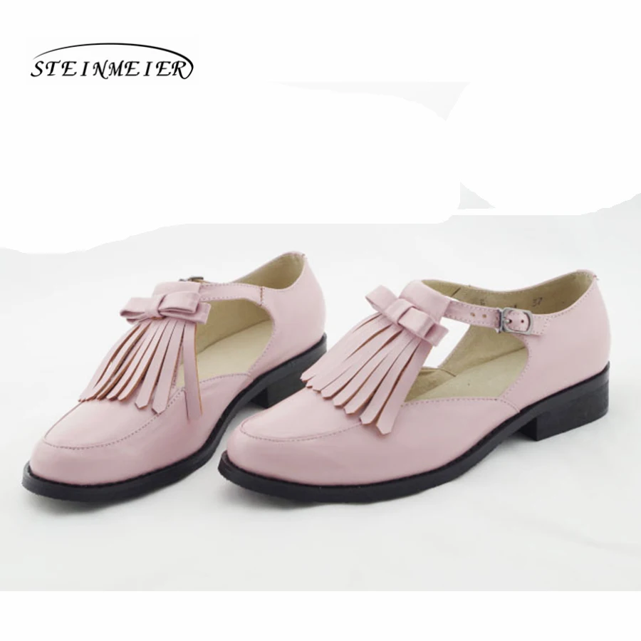 pink Женские туфли-оксфорды из натуральной кожи; обувь с кисточками; женские винтажные Туфли-оксфорды ручной работы на каблуке 5 см с круглым носком в британском стиле; летние туфли - Цвет: pink