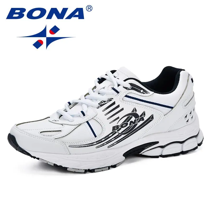 WHITE DEEP BLUE BONA Мужская Новая модная спортивная обувь, мужские уличные амортизирующие кроссовки, спилок, кожа, дышащая обувь для бега, прогулочная обувь - Цвет: WHITE DEEP BLUE