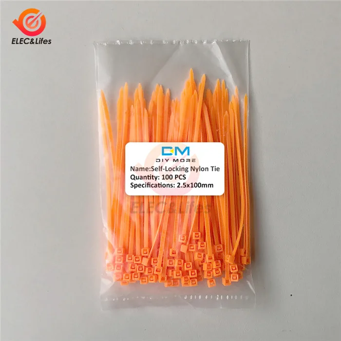 Orange 100 шт. самоблокирующиеся Нейлоновые кабельные стяжки 100 мм* 2,5 мм 10 см пластиковые стяжки на молнии кабель крепкая Привязка провода Органайзер Быстрый кабель - Color: Orange