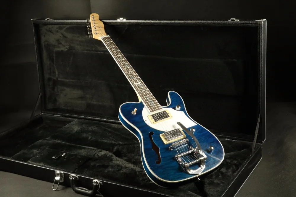 Стеганый клен Топ Полу полый корпус электрогитары T-01 Abalone инкрустация Bigsby мост синий теле