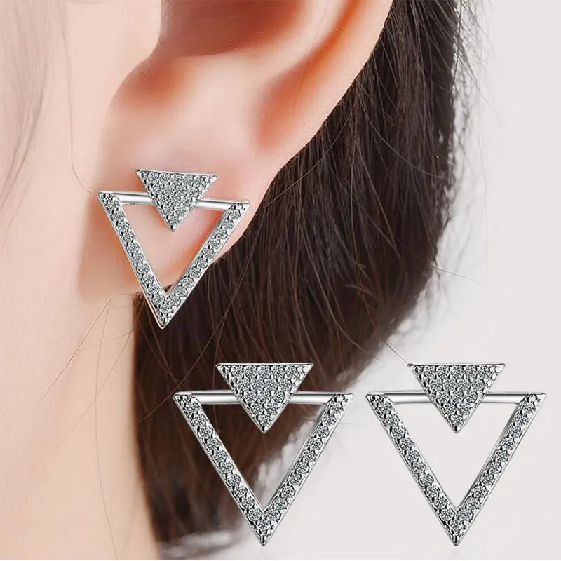 

925 Sterling Silver Jewelry Shiny Zirconia Crystal Hollow Triangle Stud Earrings For Women Fashion Gift Wholesale Drop Shipping