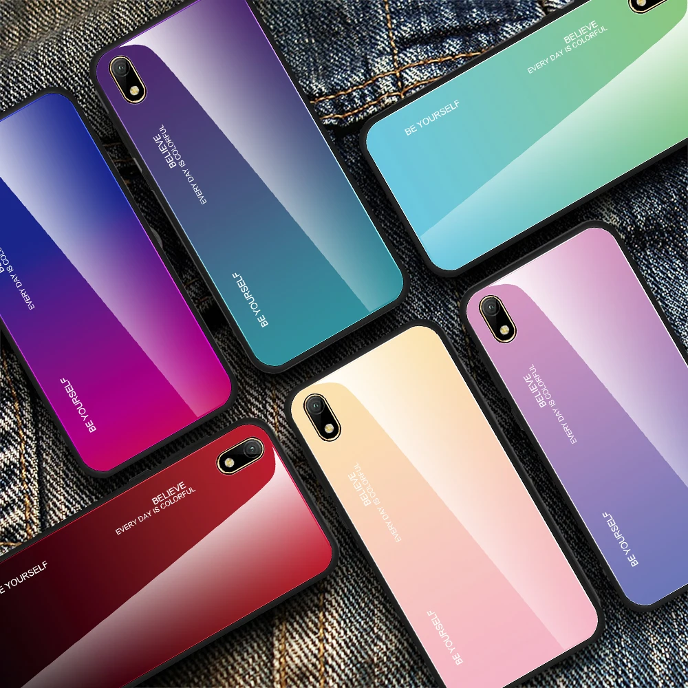 Чехол для Honor 8 S Жесткий из закаленного стекла с градиентом ТПУ силиконовая рамка