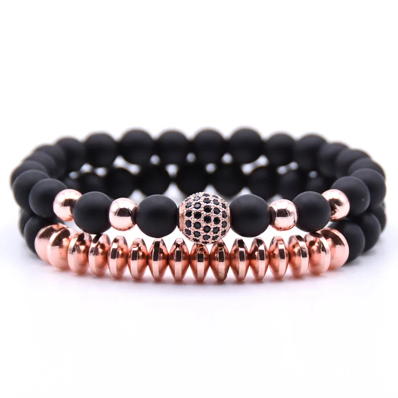 3 HYHONEY 2pc/sets Micro Pave CZ 10mm Disco Ball Charms Bracelets for women 8mm Matte beads stone Bracelet men jewelry bileklik - Окраска металла: 3