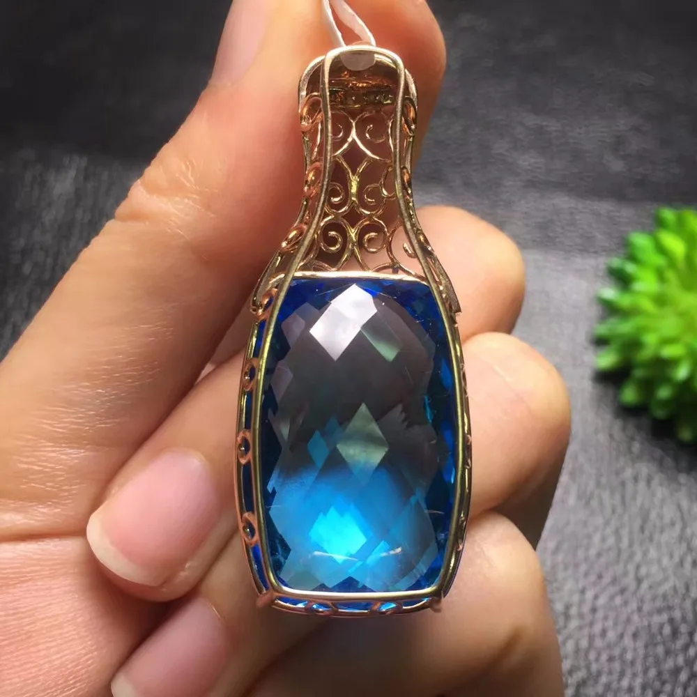 Fine Jewelry Collection Real 18K Rose Gold Natural Blue Topaz Gemstone Pendant Necklace For Women Pendants | Украшения и