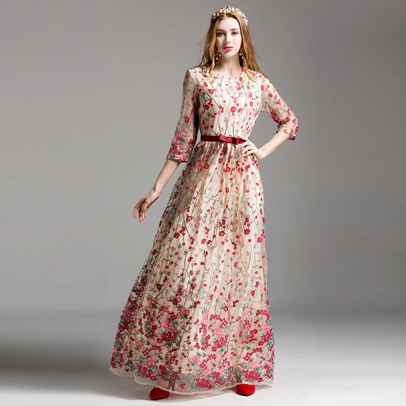 Женское платье с длинным рукавом Megyn длинное винтажное цветочной вышивкой и о