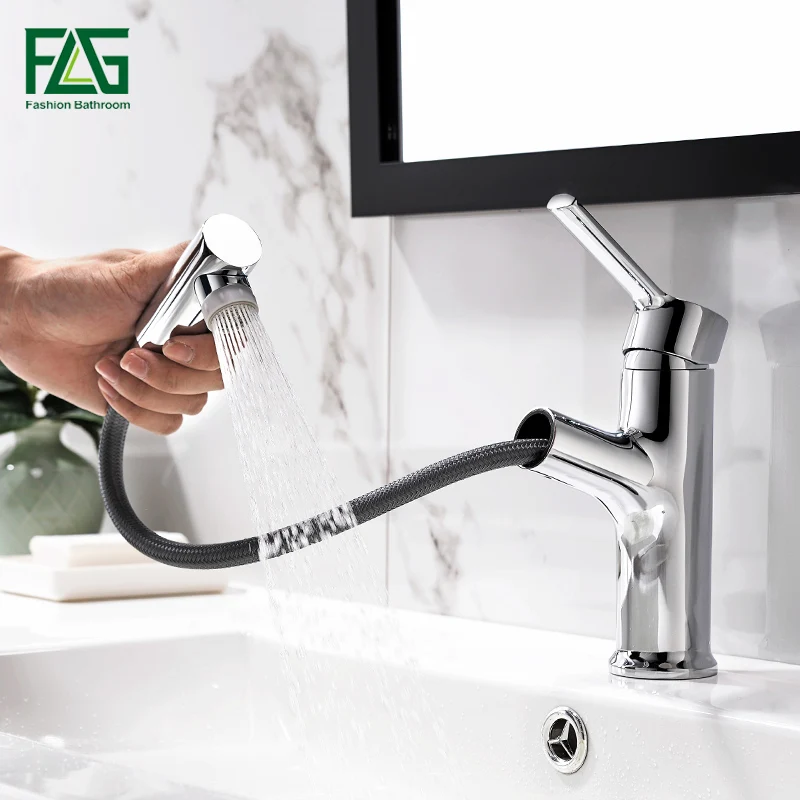 

FLG Pull Out Basin Faucet Bathroom Sink Faucets Chrome and Black Single Handle Two Function Water Outlet Mixer Tap 1061-11C