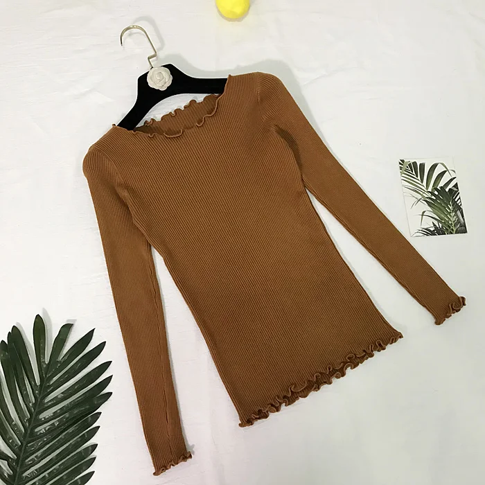 Light Brown Осенний Женский вязаный свитер с круглым вырезом и оборками, Свитера, Зимние Топы для женщин, пуловер, джемпер, Pull Femme Hiver Dames Truien - Цвет: Light Brown