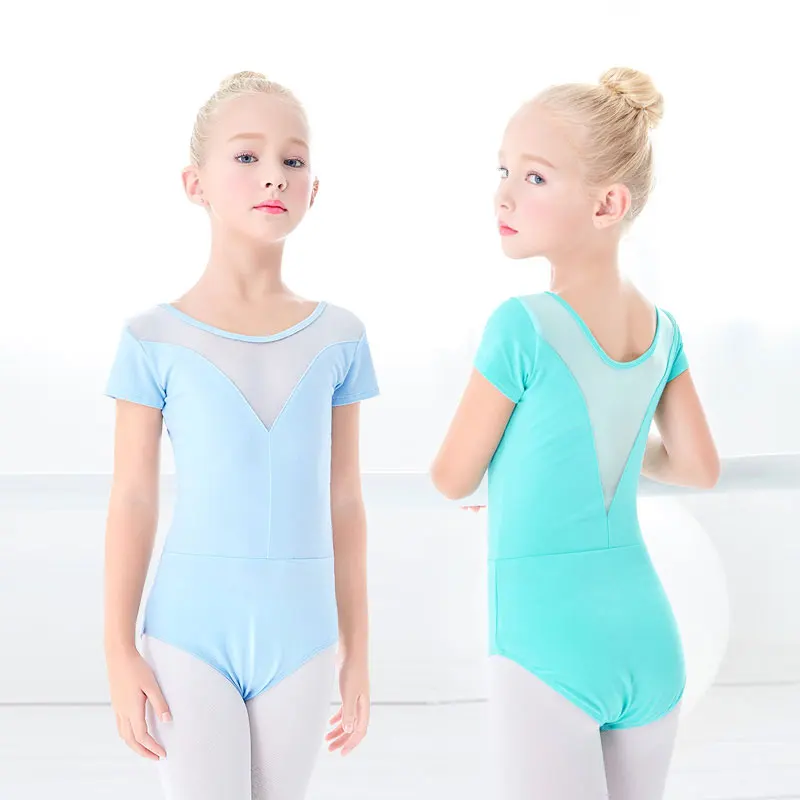 Girls Ballet Gymnastic Dance Bodysuit Leotards Children Camisole Ballet Dance Leotard Kids Mesh Splice Short Sleeve Costumes