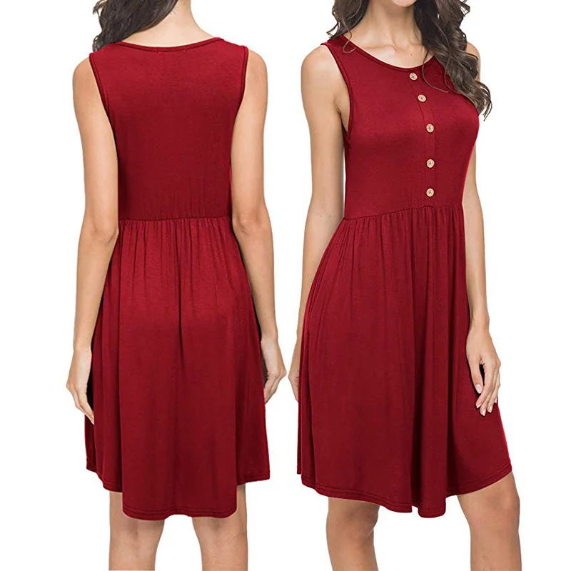 Женское однотонное платье с круглым вырезом и карманом на пуговицах без рукавов