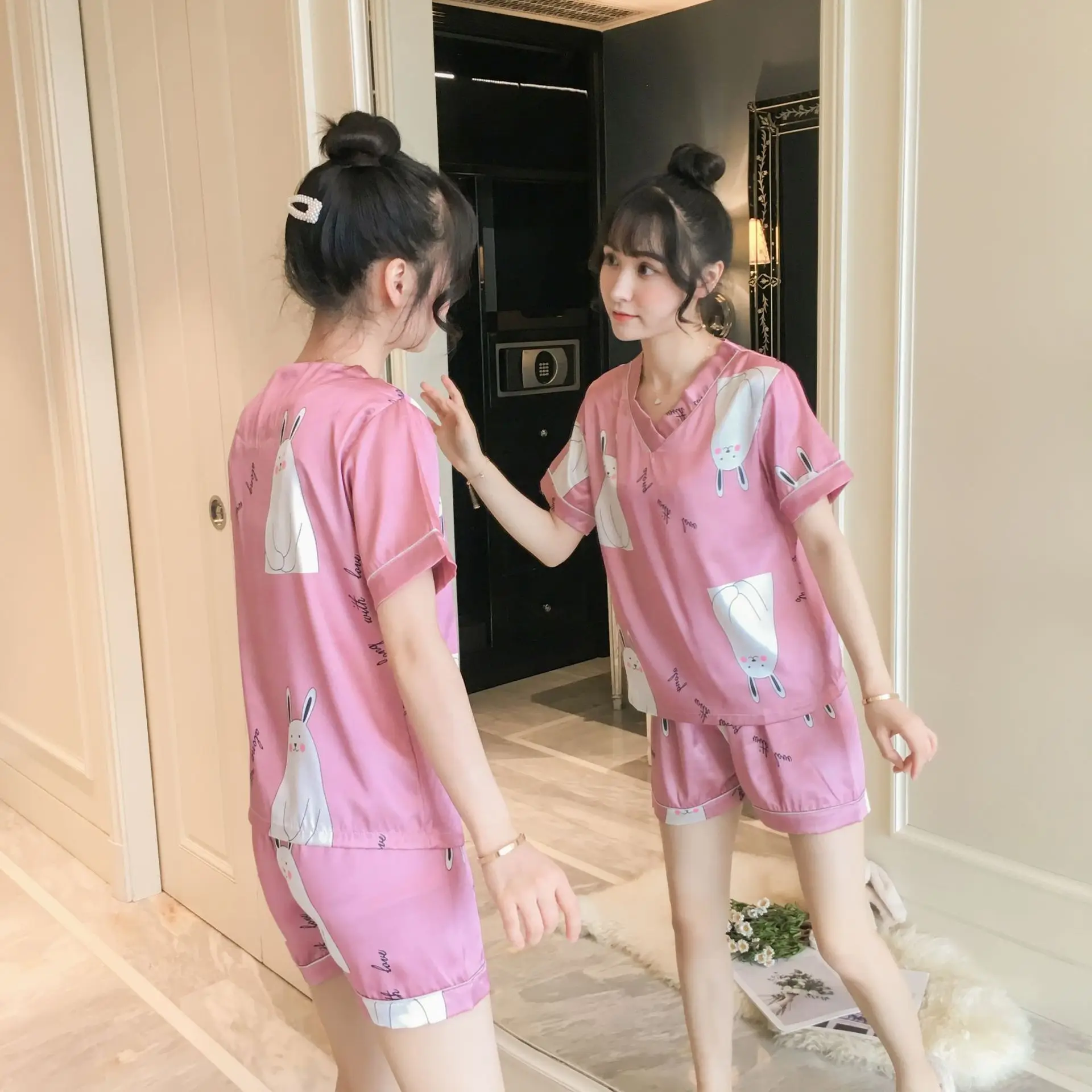 Pajama girls summer ice silk short sleeves two pieces of suit Korean fresh sweet lovely students thin silk home clothes