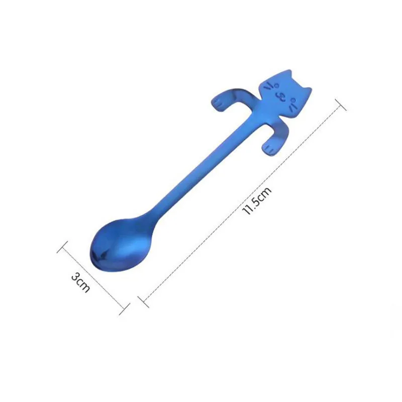 Blue Нержавеющая сталь мультфильм кошка ложка с длинной ручкой столовые приборы кофе питьевой Инструменты кухонный гаджет - Цвет: Blue