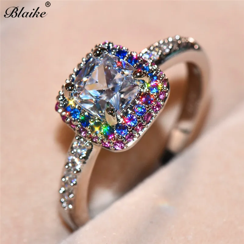 Blaike 0.8ct AAA циркон квадратный камень кольца для женщин 925 Серебряное заполненное