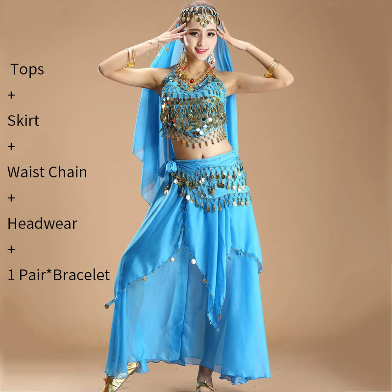 Sapphire Blue 5pc Костюм для танца живота женский Восточный танец леди болливудские Танцы платье индийский танец блестки юбка для танца живота костюм для женщин - Цвет: Sapphire Blue 5pc