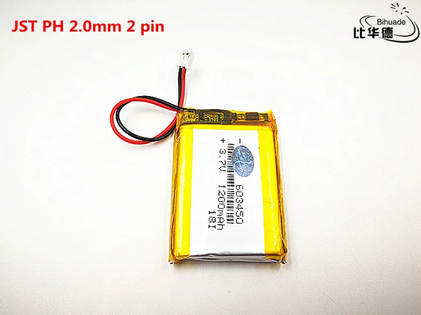 

5pcs/lot JST PH 2.0mm 2 pi Good Qulity 3.7V,1200mAH,603450 Polymer lithium ion / Li-ion battery for TOY,POWER BANK,GPS,mp3,mp4