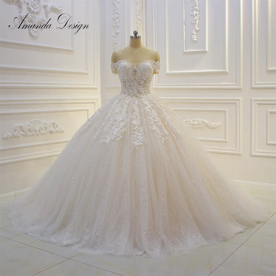 Шампанское Аманда дизайн abiti da sposa С Коротким Рукавом Кружевная Апликация свадебное платье с блестками - Цвет: Шампанское