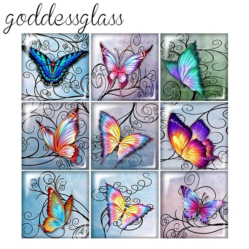 

Beauty New Butterfly flowers patterns Vintage 12mm/20mm/25mm/30mm Square photo glass cabochon demo flat back Making findings