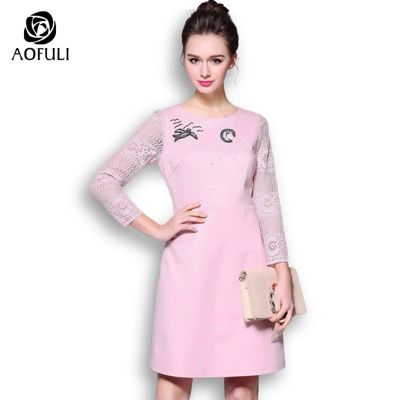 L~ XXXL 4XL 5XL Bird And Moon Beadings Women Casual Dress Big size New Autumn Lace Sleeves Pink AOFULI 9056 | Женская одежда