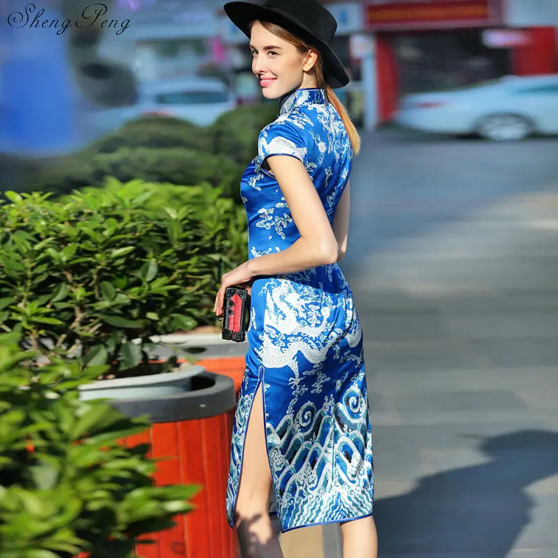 2018 Новое поступление синее китайское женское Ципао стиль Cheongsam традиционное