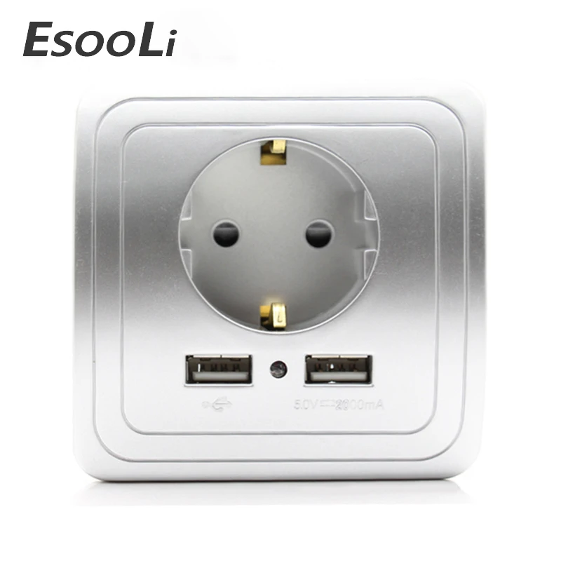 Esooli, двойной USB порт, 2А, настенное зарядное устройство, адаптер, штепсельная вилка европейского стандарта, розетка, панель, заземление, электрическое настенное зарядное устройство, адаптер для зарядки