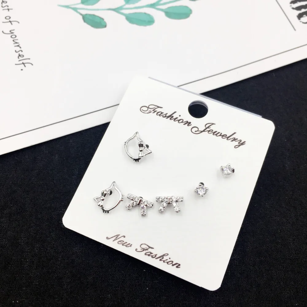 925 Серебряная игла модные очаровательные серьги-гвоздики с бантиком и котом